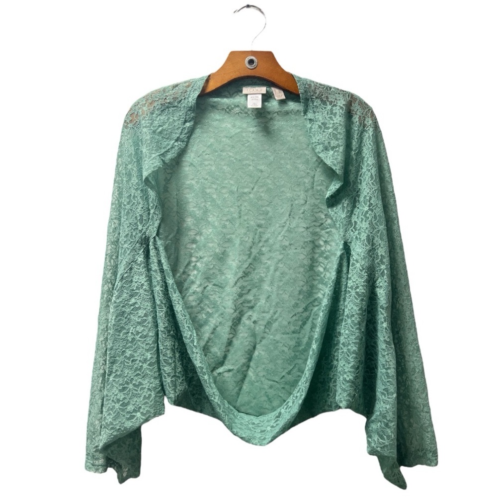LOGO Lori Goldstein Women's Stretch Lace Shrug Solid Feldspar Fairy Green 2X 3X